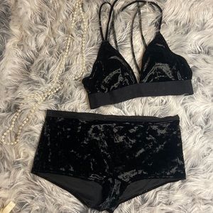 Black velvet Victoria’s Secret PINK bra and matching boy short panty